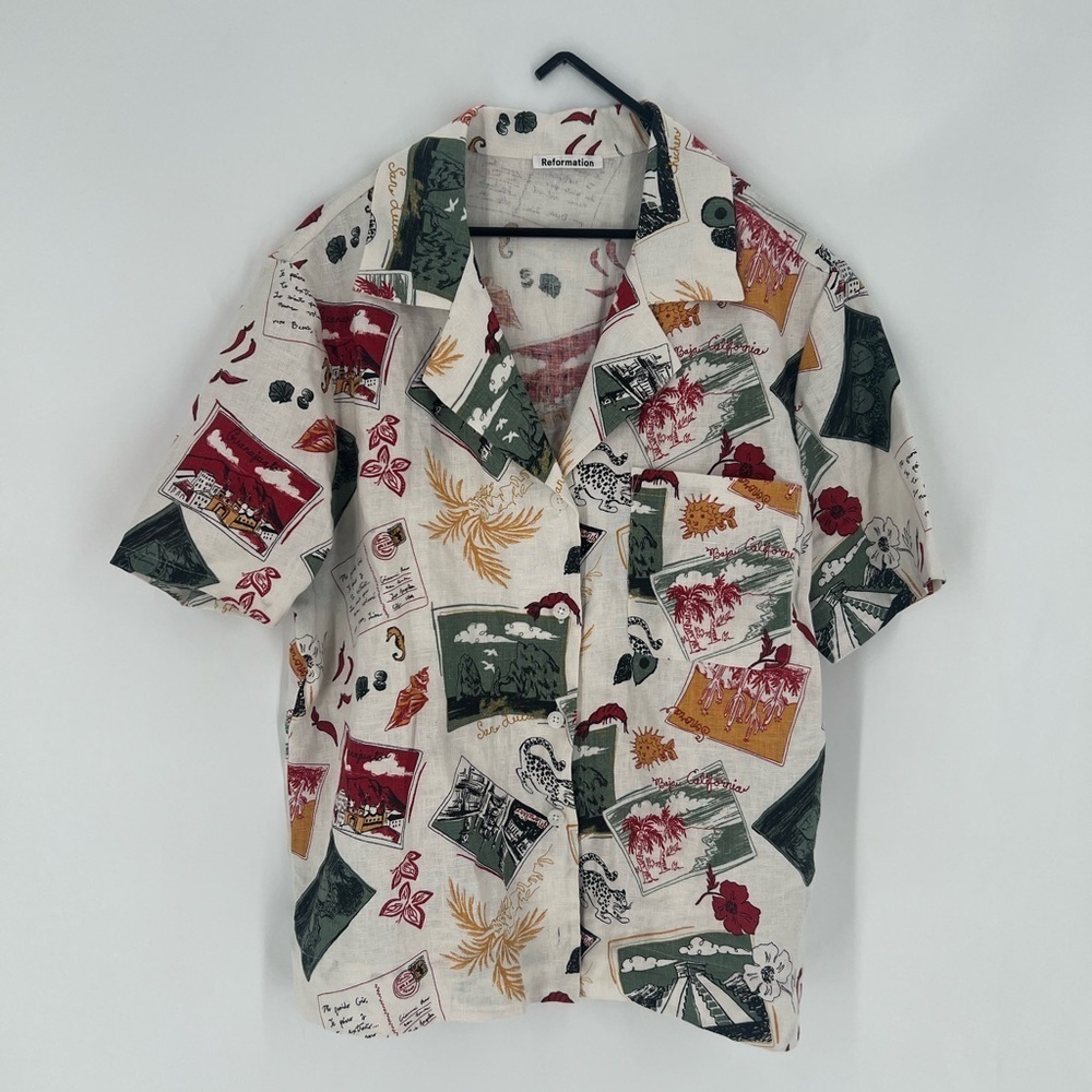 Reformation Cuba Postcard Novelty Print Linen Short Sleeve Button Down Shirt